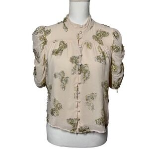 CIEBON Metallic Butterfly Blouse L Cream Gold Silver Puff Sleeve Mock